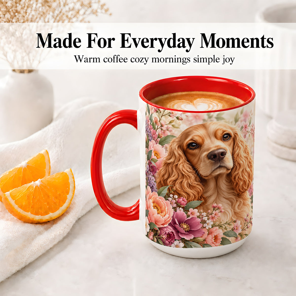 #pl[15oz|Red] Floral Spaniel Dog Ceramic Mug, Botanical Pet Artwork