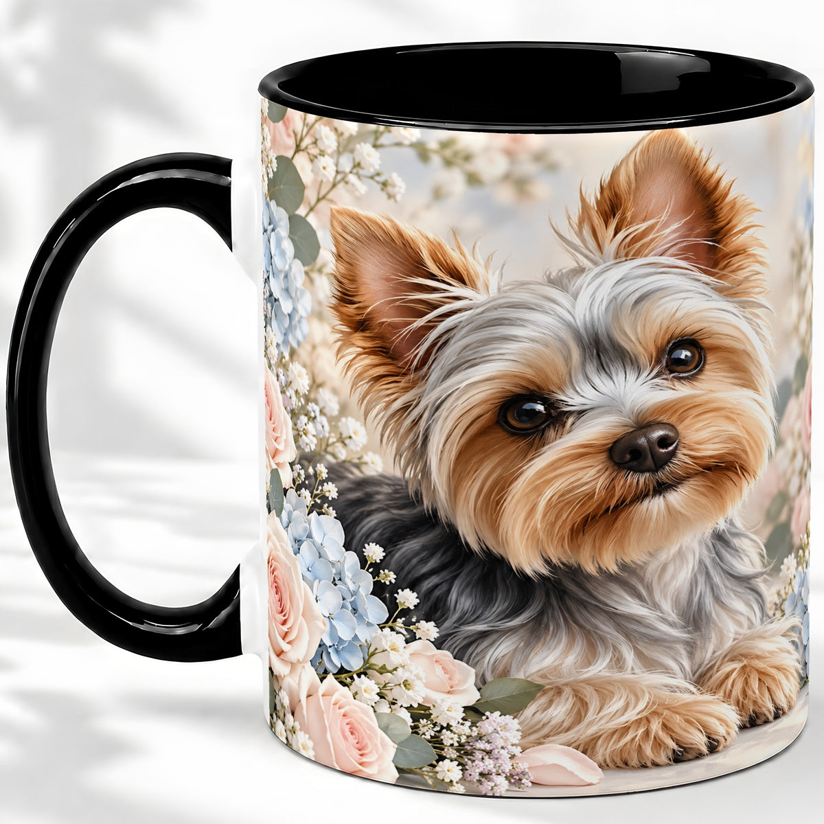 #pl[11oz|Black] Yorkshire Terrier Floral Ceramic Mug, Botanical Dog Artwork