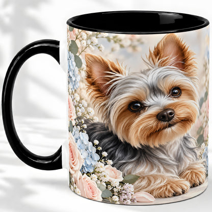 #pl[11oz|Black] Yorkshire Terrier Floral Ceramic Mug, Botanical Dog Artwork