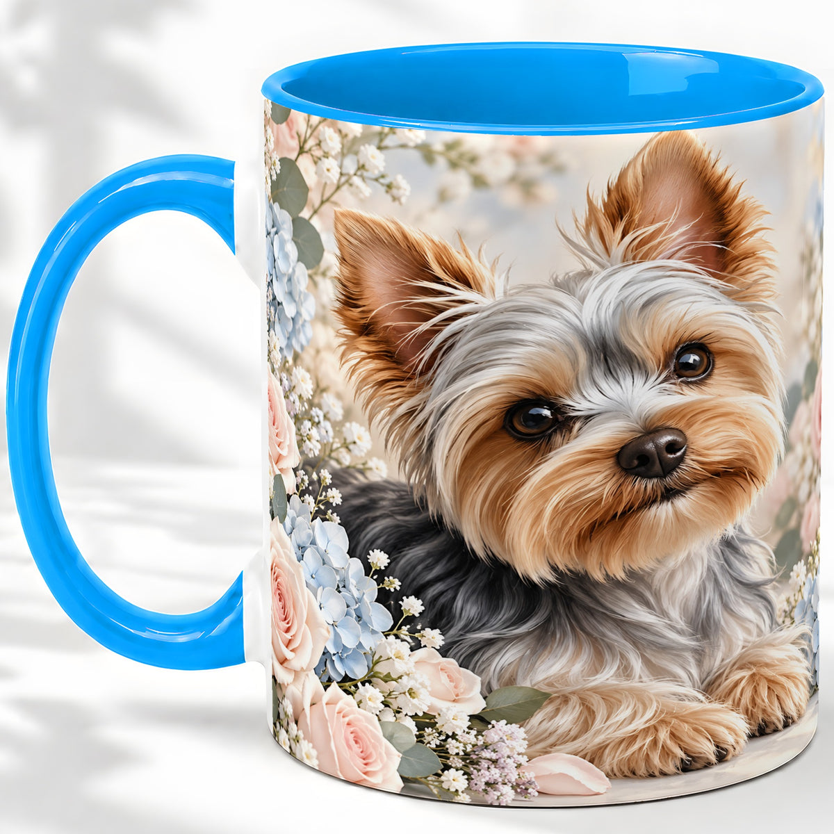 #pl[11oz|Blue] Yorkshire Terrier Floral Ceramic Mug, Botanical Dog Artwork