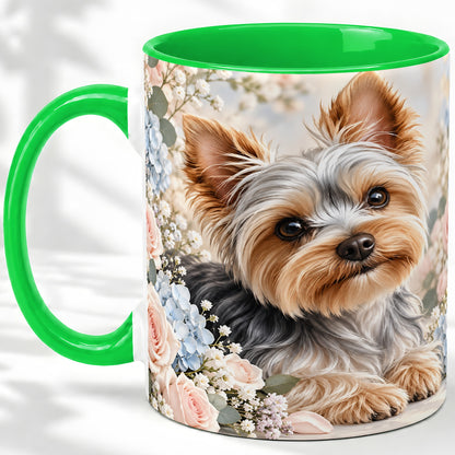 #pl[11oz|Green] Yorkshire Terrier Floral Ceramic Mug, Botanical Dog Artwork