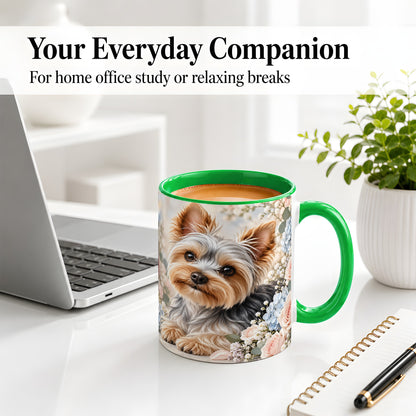 #pl[11oz|Green] Yorkshire Terrier Floral Ceramic Mug, Botanical Dog Artwork