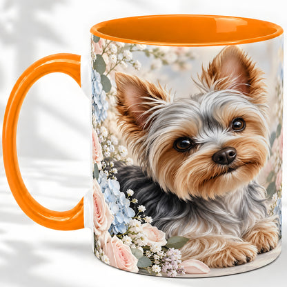 #pl[11oz|Orange] Yorkshire Terrier Floral Ceramic Mug, Botanical Dog Artwork