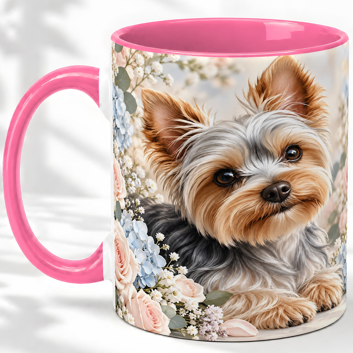 #pl[11oz|Pink] Yorkshire Terrier Floral Ceramic Mug, Botanical Dog Artwork