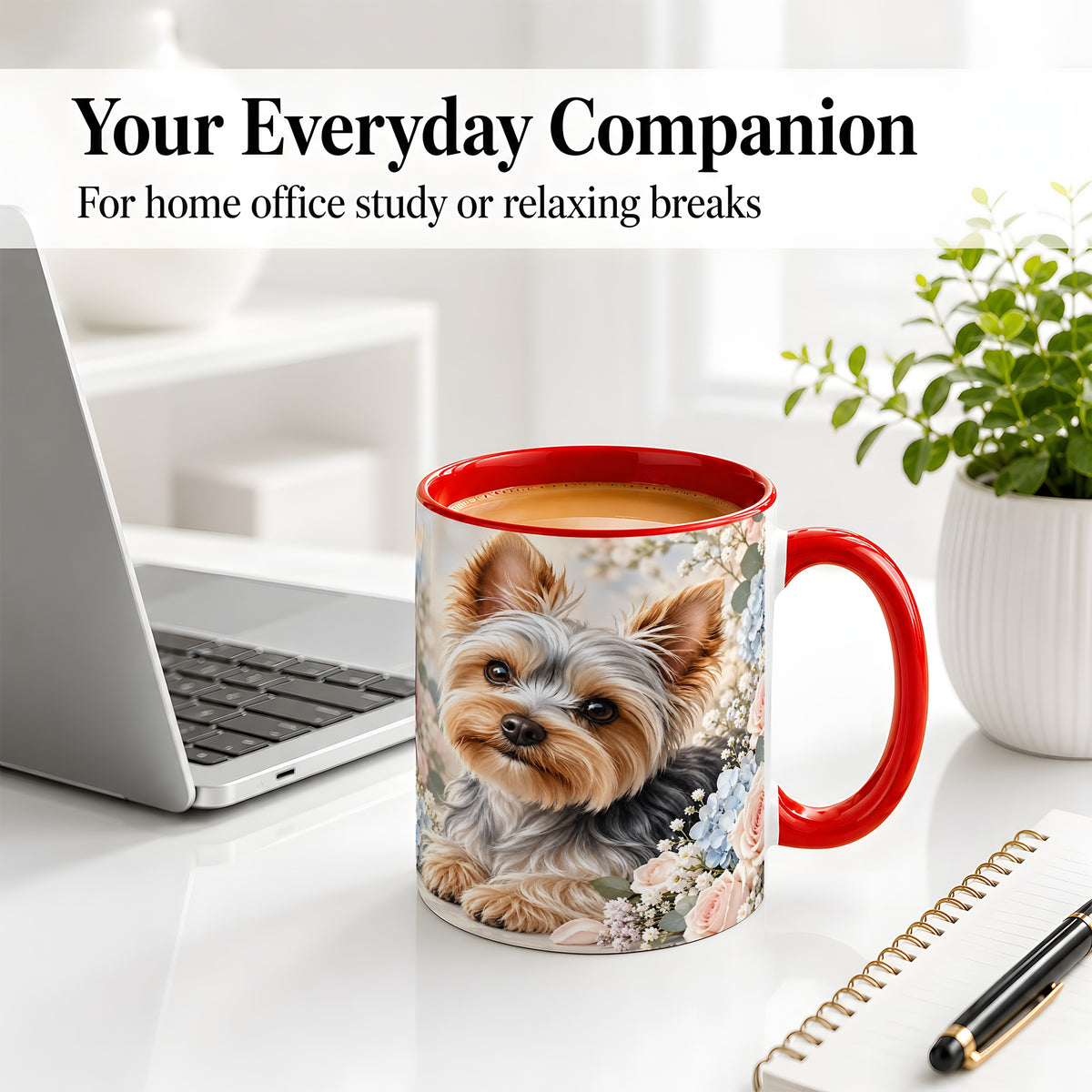 #pl[11oz|Red] Yorkshire Terrier Floral Ceramic Mug, Botanical Dog Artwork