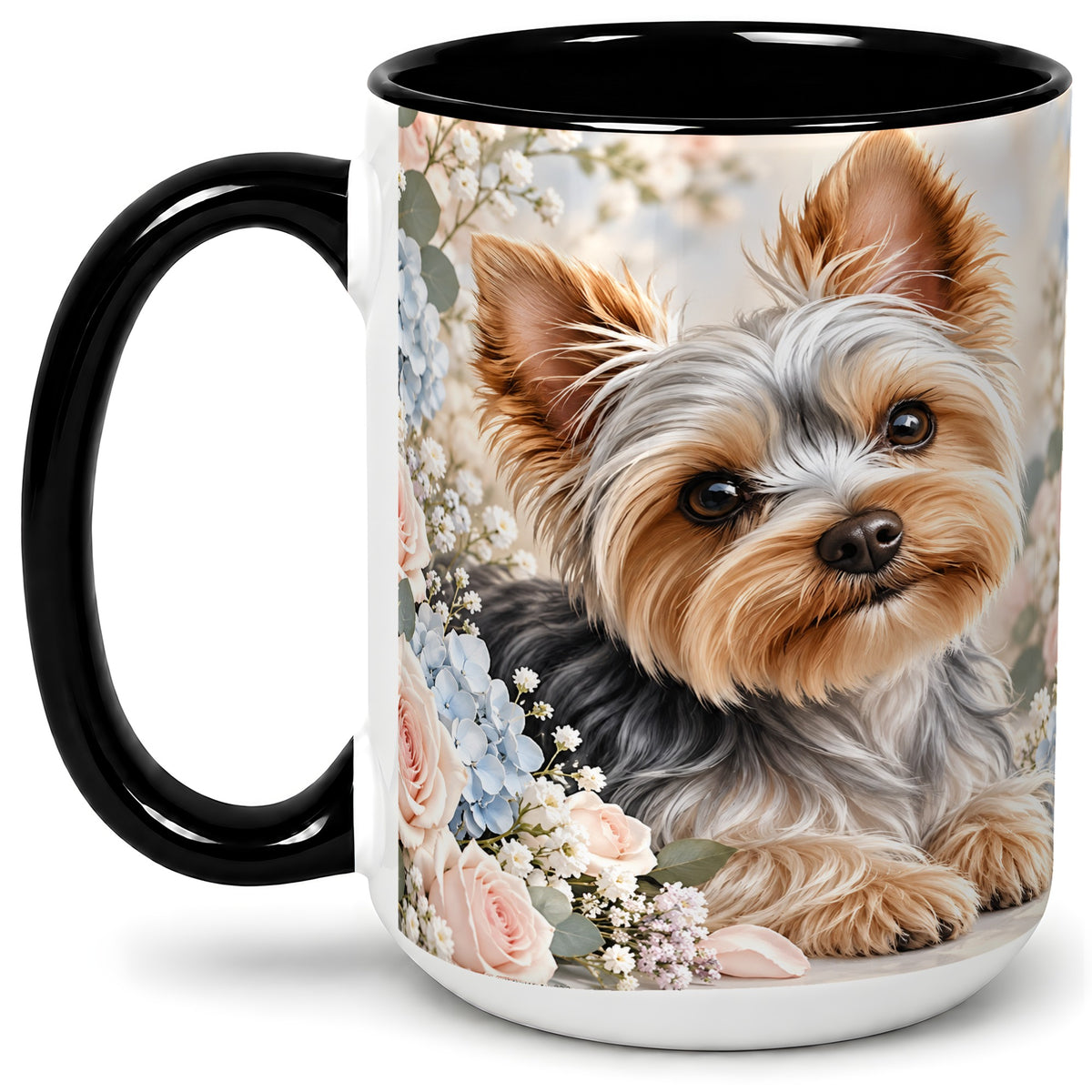 #pl[15oz|Black] Yorkshire Terrier Floral Ceramic Mug, Botanical Dog Artwork