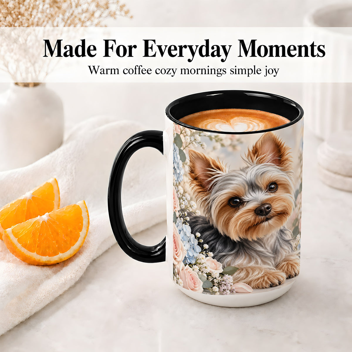 #pl[15oz|Black] Yorkshire Terrier Floral Ceramic Mug, Botanical Dog Artwork