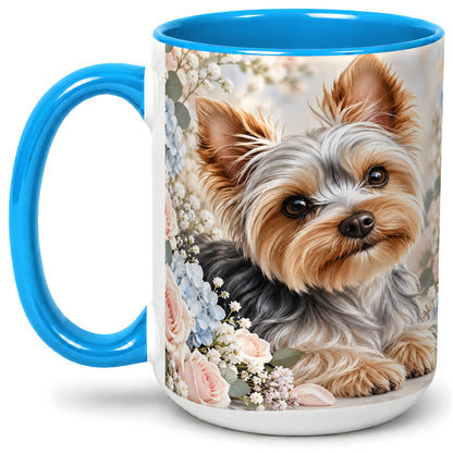 #pl[15oz|Blue] Yorkshire Terrier Floral Ceramic Mug, Botanical Dog Artwork