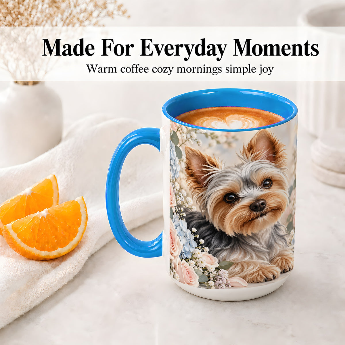 #pl[15oz|Blue] Yorkshire Terrier Floral Ceramic Mug, Botanical Dog Artwork
