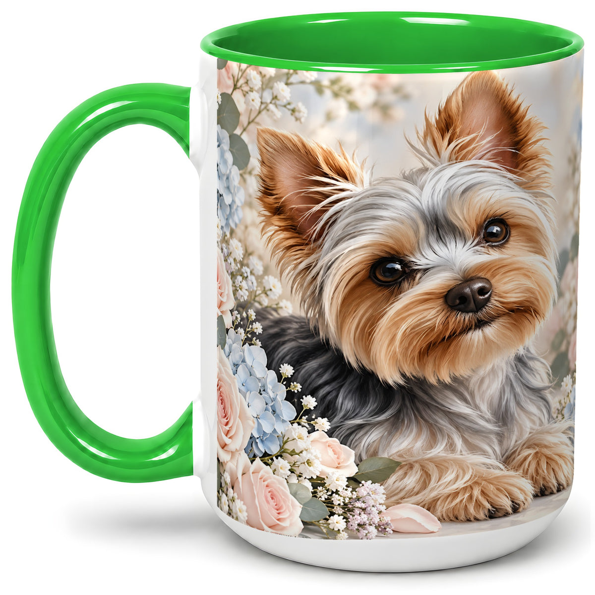 #pl[15oz|Green] Yorkshire Terrier Floral Ceramic Mug, Botanical Dog Artwork