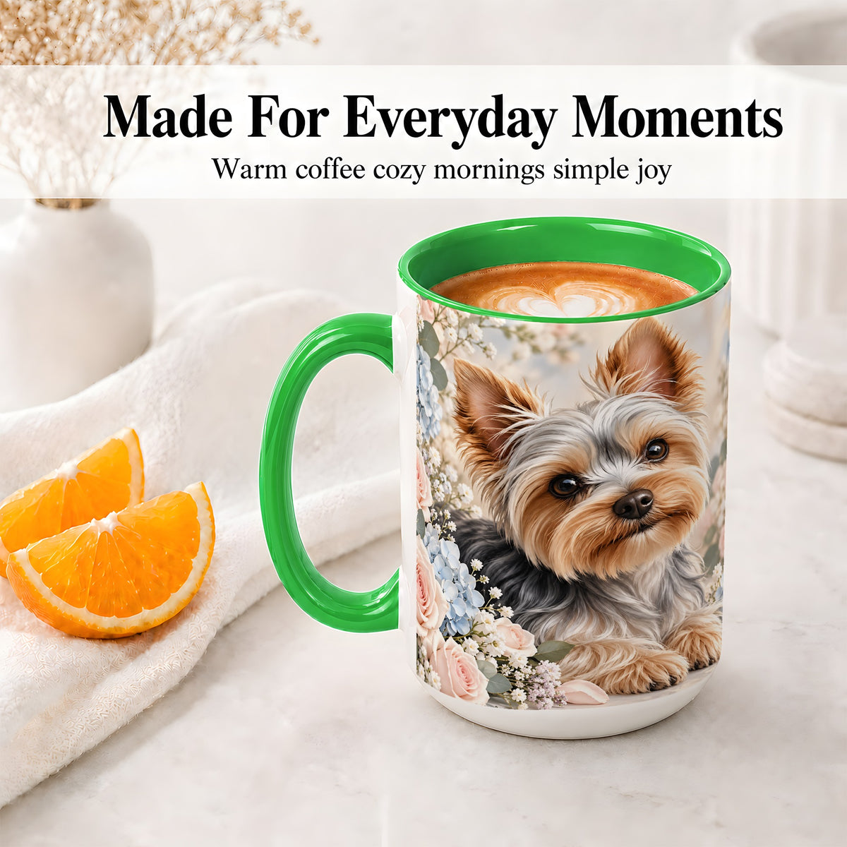 #pl[15oz|Green] Yorkshire Terrier Floral Ceramic Mug, Botanical Dog Artwork