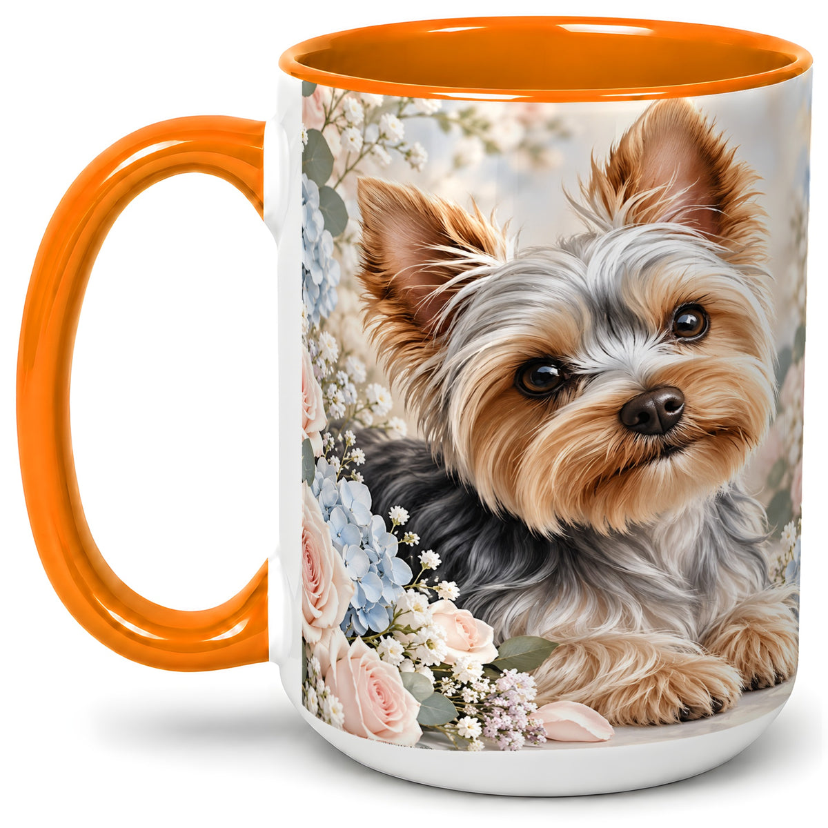 #pl[15oz|Orange] Yorkshire Terrier Floral Ceramic Mug, Botanical Dog Artwork