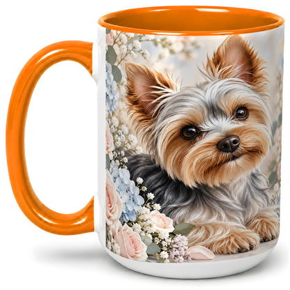 #pl[15oz|Orange] Yorkshire Terrier Floral Ceramic Mug, Botanical Dog Artwork