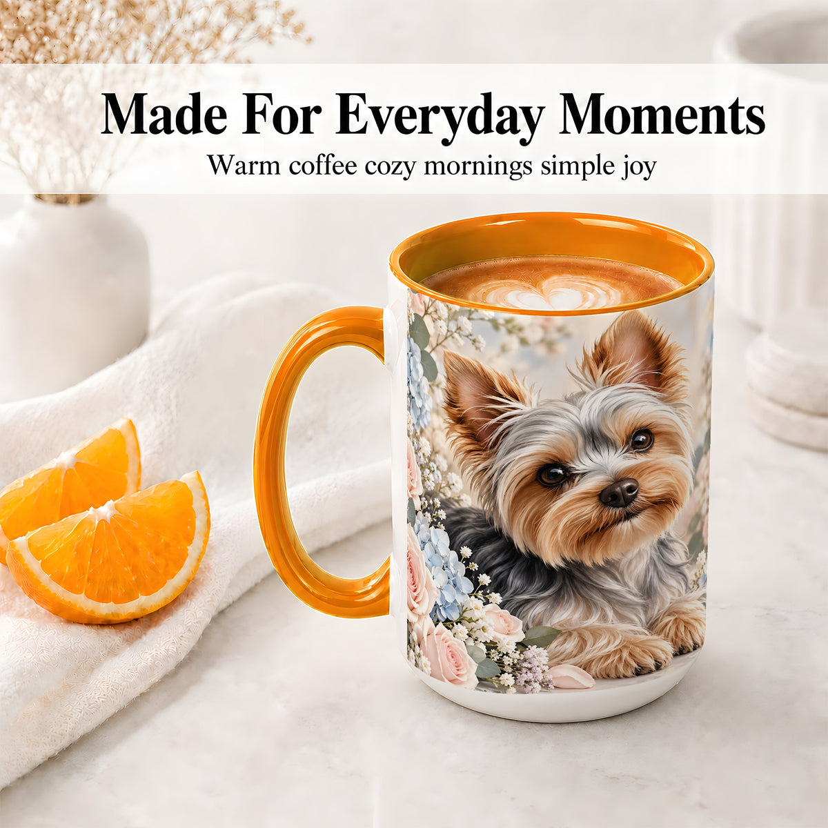 #pl[15oz|Orange] Yorkshire Terrier Floral Ceramic Mug, Botanical Dog Artwork