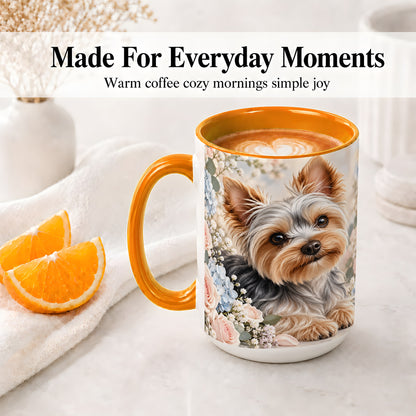 #pl[15oz|Orange] Yorkshire Terrier Floral Ceramic Mug, Botanical Dog Artwork