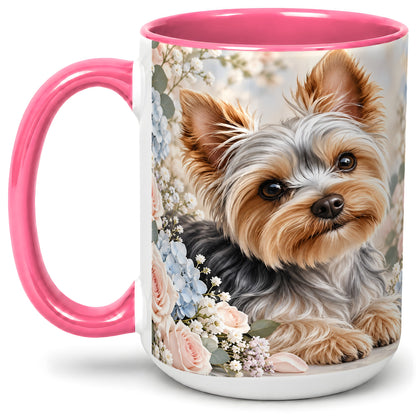 #pl[15oz|Pink] Yorkshire Terrier Floral Ceramic Mug, Botanical Dog Artwork