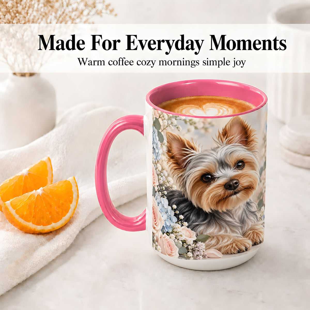 #pl[15oz|Pink] Yorkshire Terrier Floral Ceramic Mug, Botanical Dog Artwork