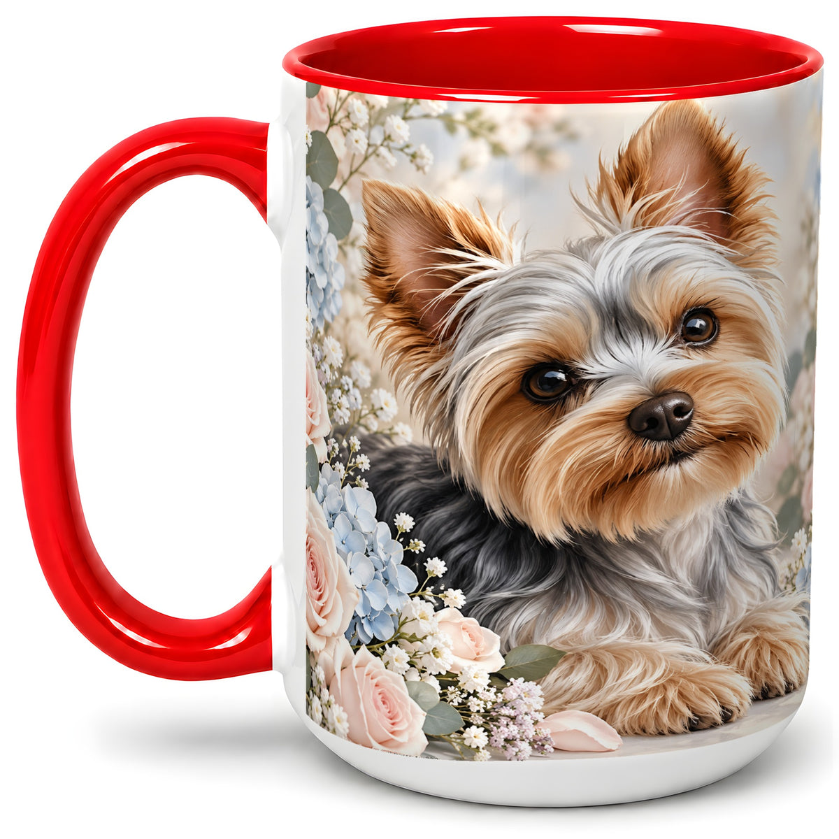 #pl[15oz|Red] Yorkshire Terrier Floral Ceramic Mug, Botanical Dog Artwork