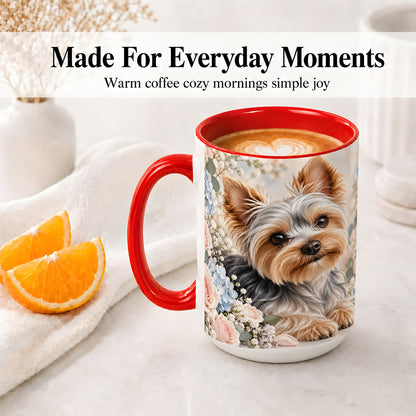 #pl[15oz|Red] Yorkshire Terrier Floral Ceramic Mug, Botanical Dog Artwork
