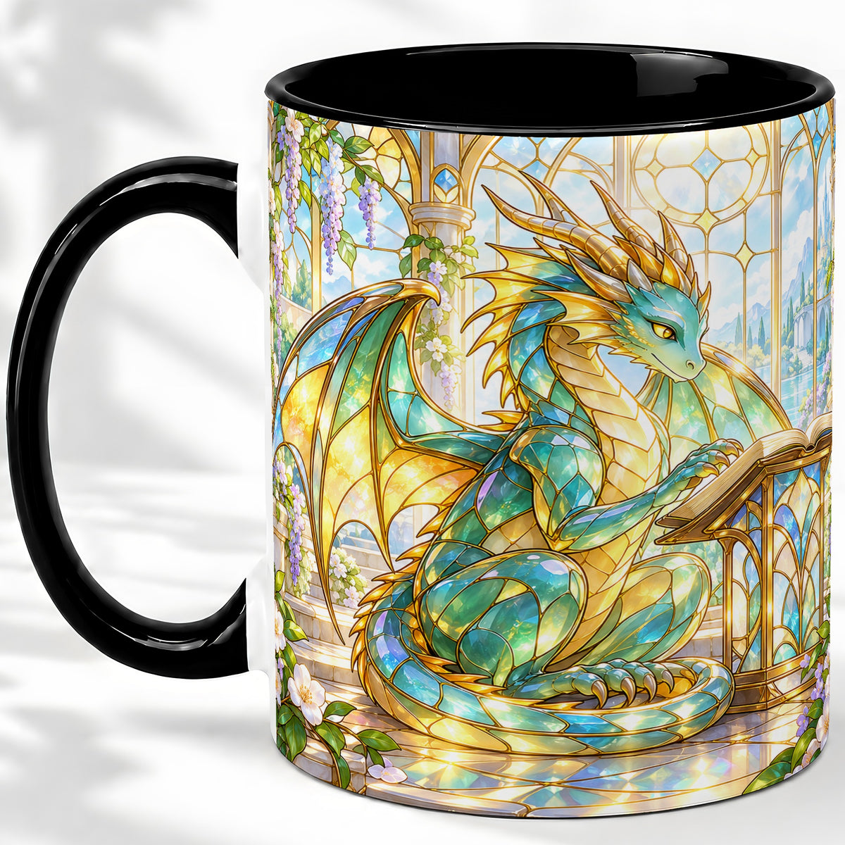 #pl[11oz|Black] Stained Glass Style Dragon Accent Mug, Ceramic Mug for Fantasy Fans