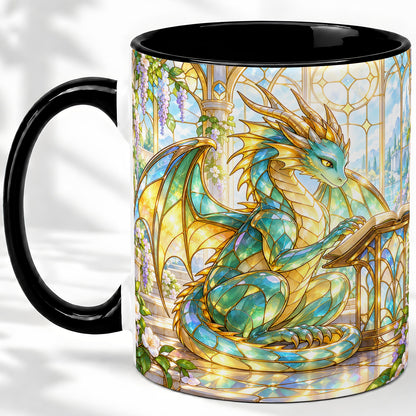 #pl[11oz|Black] Stained Glass Style Dragon Accent Mug, Ceramic Mug for Fantasy Fans