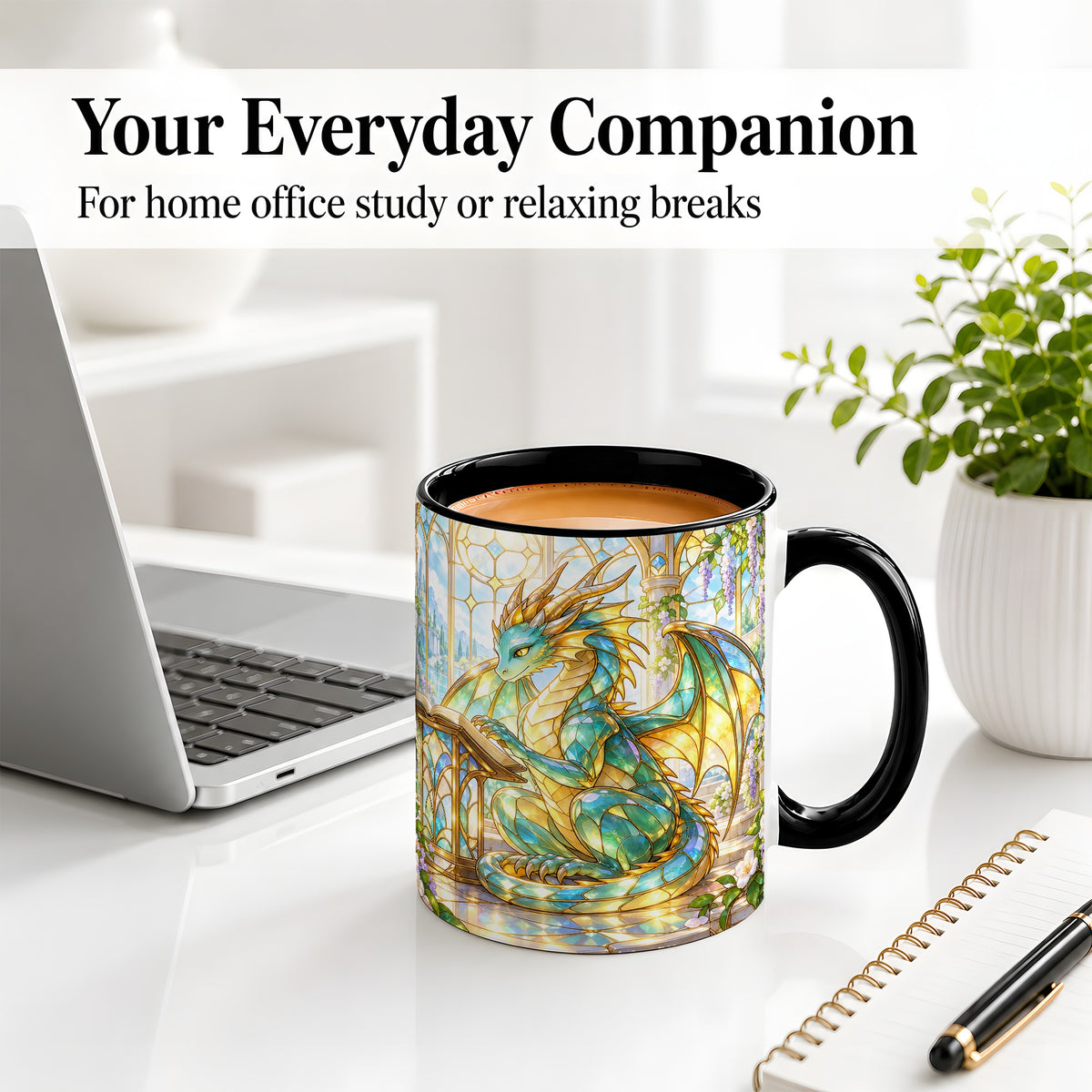 #pl[11oz|Black] Stained Glass Style Dragon Accent Mug, Ceramic Mug for Fantasy Fans