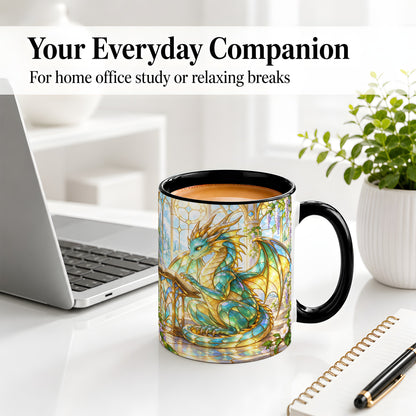 #pl[11oz|Black] Stained Glass Style Dragon Accent Mug, Ceramic Mug for Fantasy Fans
