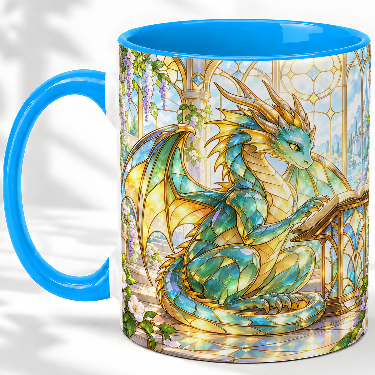 #pl[11oz|Blue] Stained Glass Style Dragon Accent Mug, Ceramic Mug for Fantasy Fans