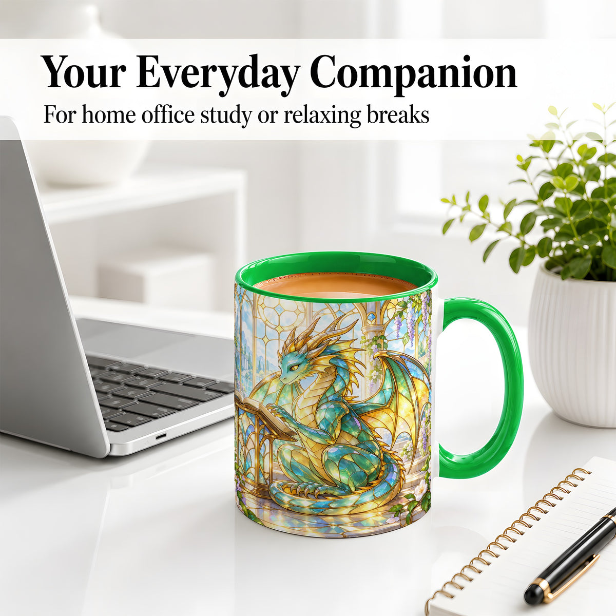 #pl[11oz|Green] Stained Glass Style Dragon Accent Mug, Ceramic Mug for Fantasy Fans