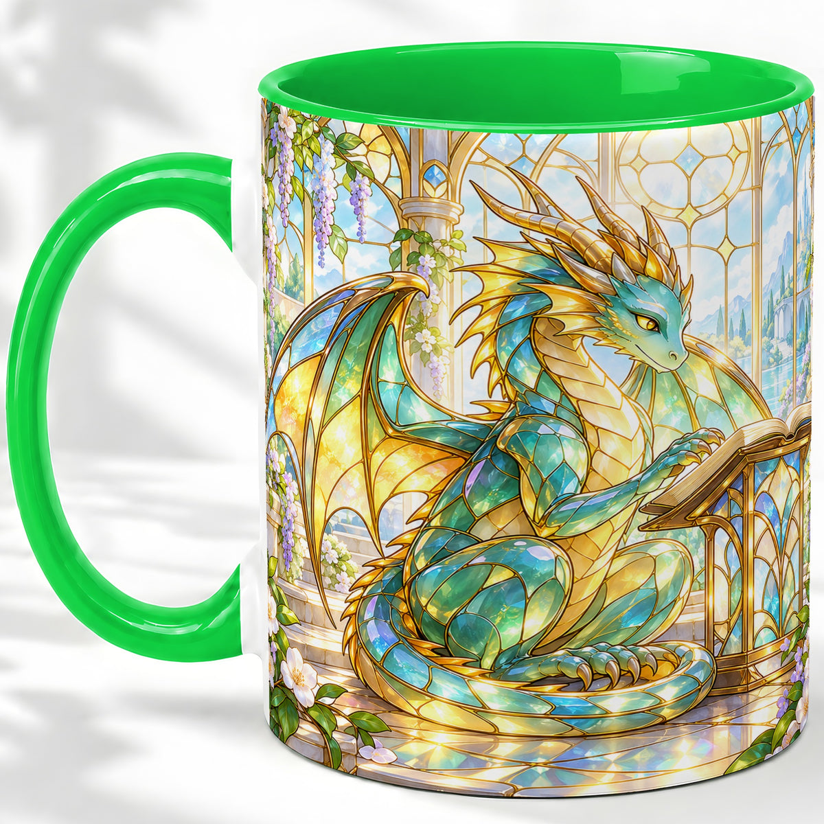 #pl[11oz|Green] Stained Glass Style Dragon Accent Mug, Ceramic Mug for Fantasy Fans