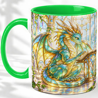 #pl[11oz|Green] Stained Glass Style Dragon Accent Mug, Ceramic Mug for Fantasy Fans