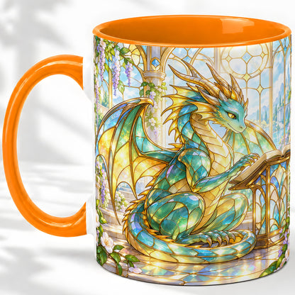 #pl[11oz|Orange] Stained Glass Style Dragon Accent Mug, Ceramic Mug for Fantasy Fans