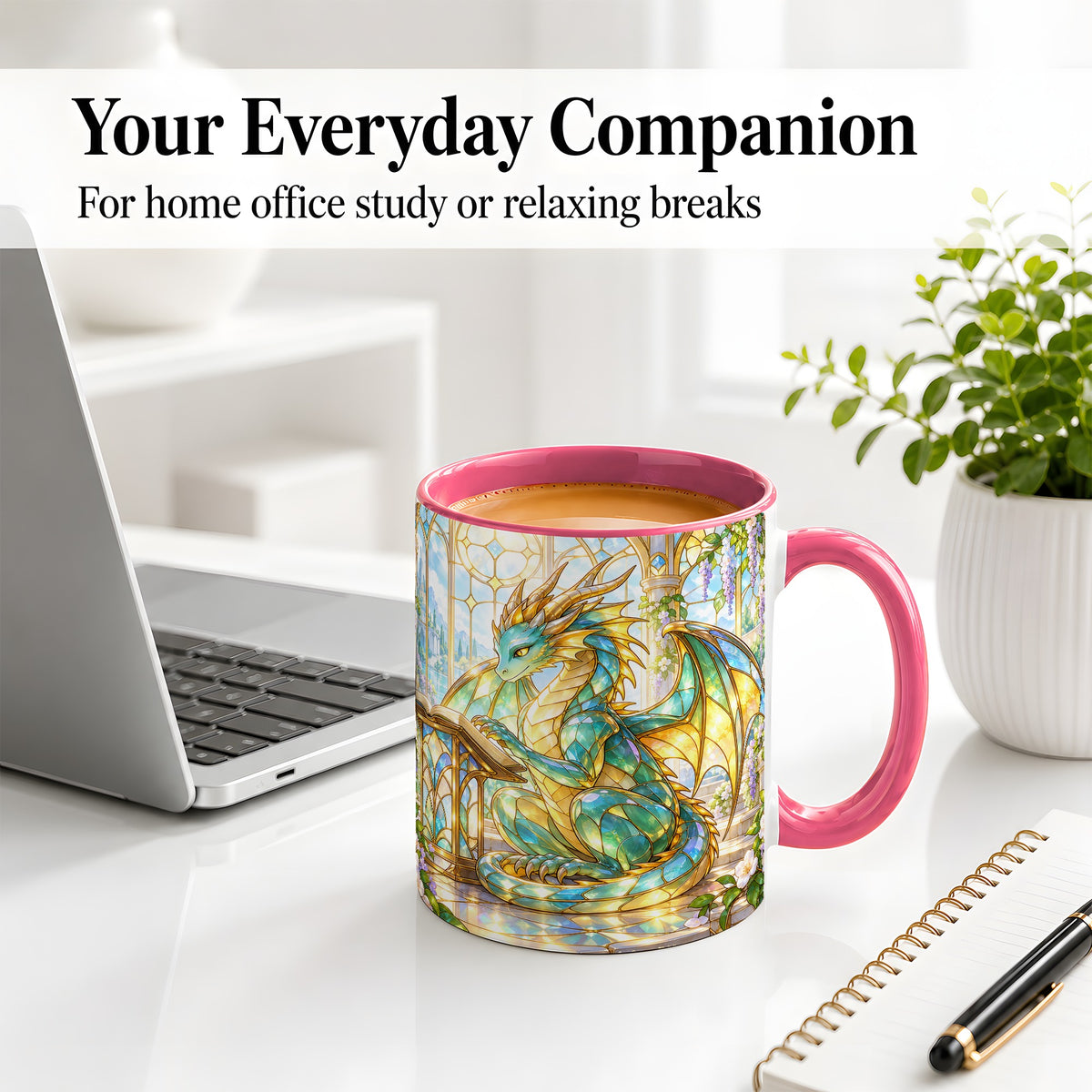 #pl[11oz|Pink] Stained Glass Style Dragon Accent Mug, Ceramic Mug for Fantasy Fans