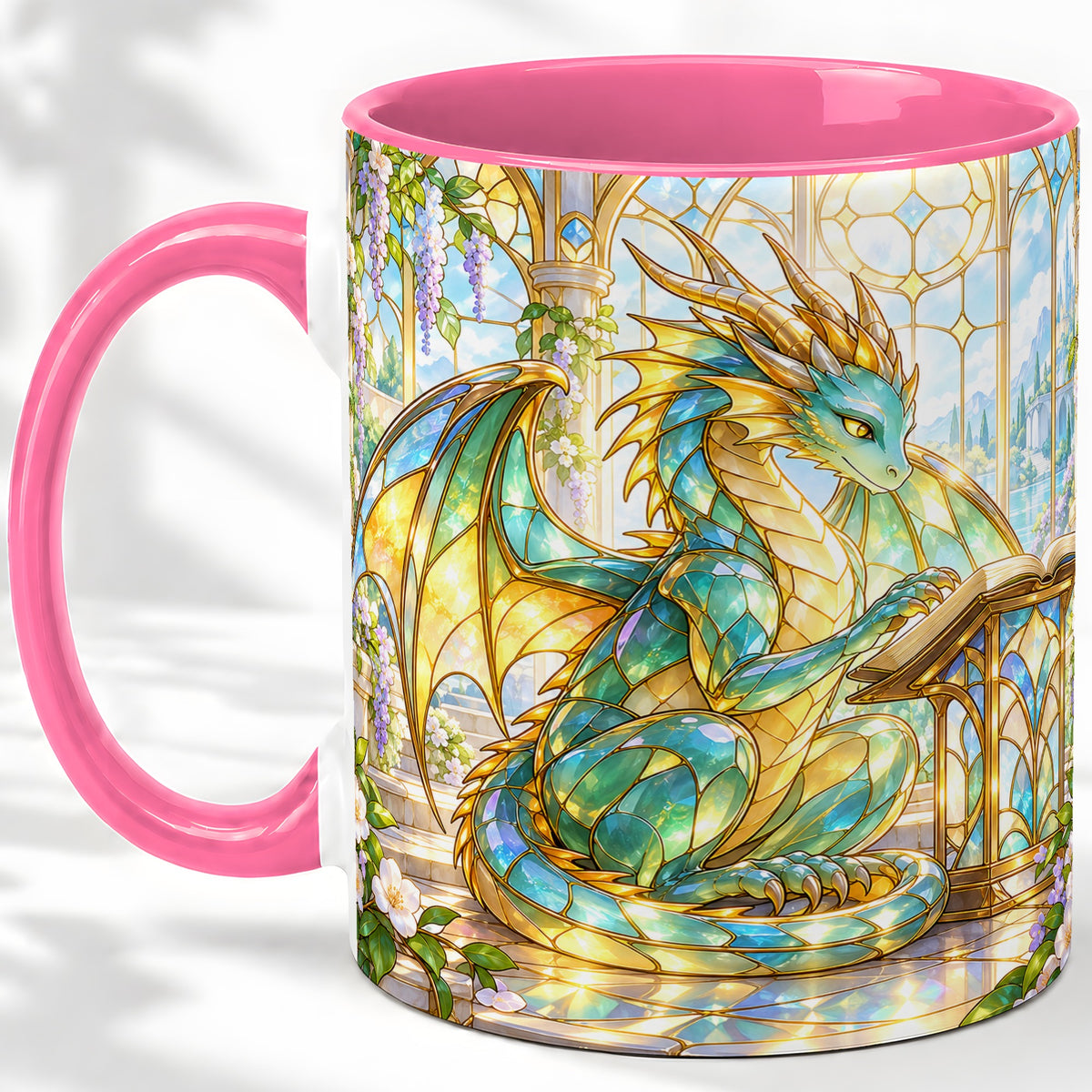 #pl[11oz|Pink] Stained Glass Style Dragon Accent Mug, Ceramic Mug for Fantasy Fans