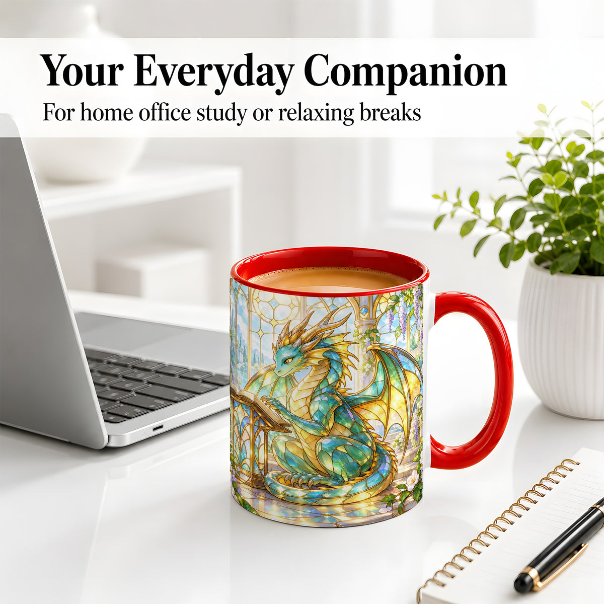 #pl[11oz|Red] Stained Glass Style Dragon Accent Mug, Ceramic Mug for Fantasy Fans