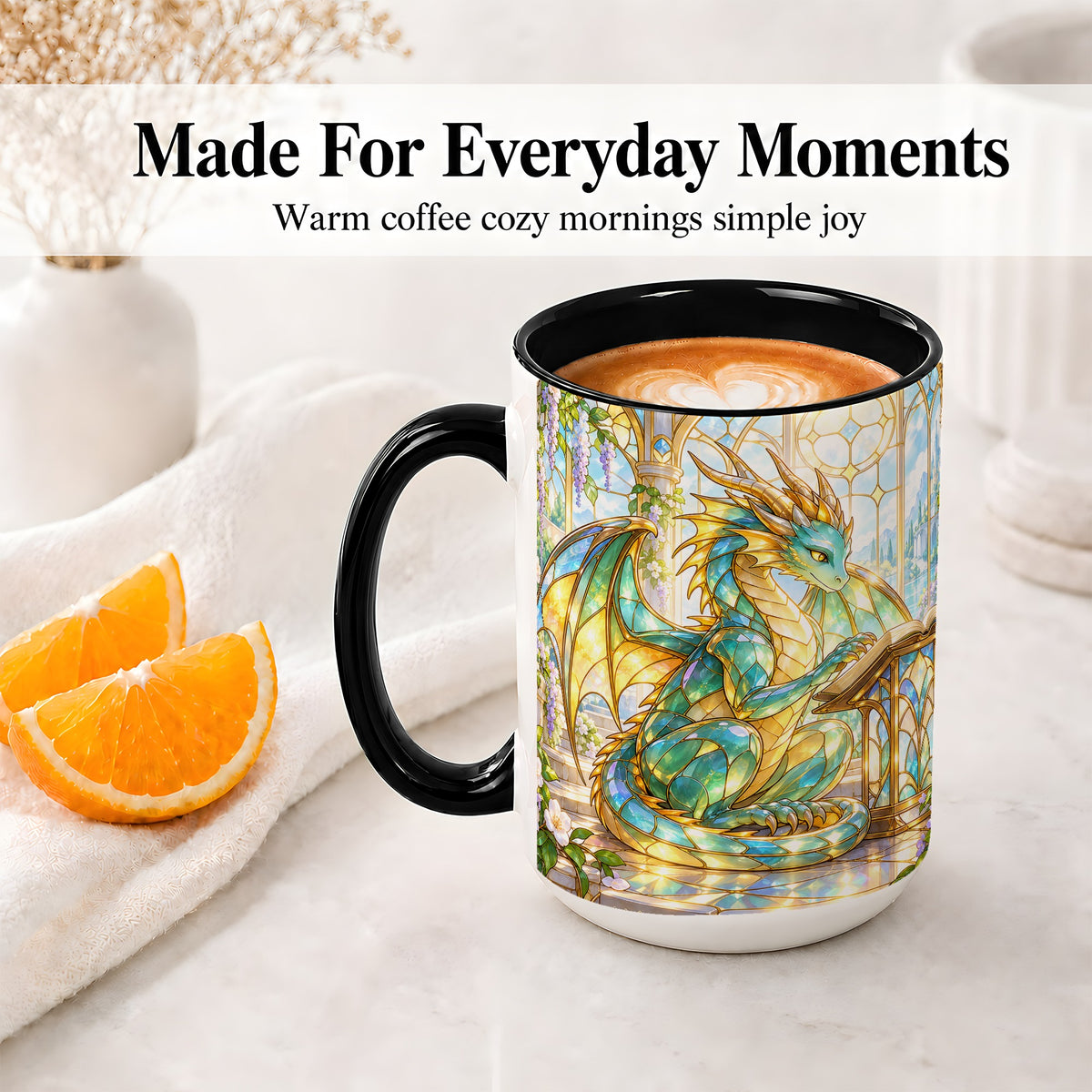 #pl[15oz|Black] Stained Glass Style Dragon Accent Mug, Ceramic Mug for Fantasy Fans