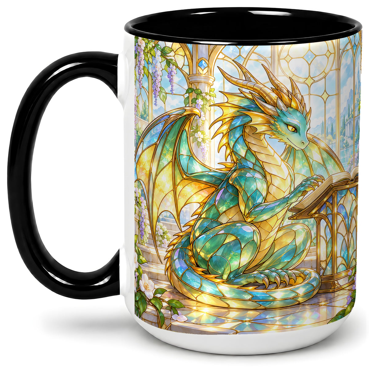 #pl[15oz|Black] Stained Glass Style Dragon Accent Mug, Ceramic Mug for Fantasy Fans