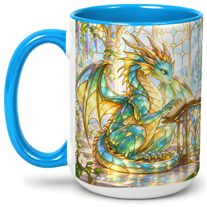 #pl[15oz|Blue] Stained Glass Style Dragon Accent Mug, Ceramic Mug for Fantasy Fans