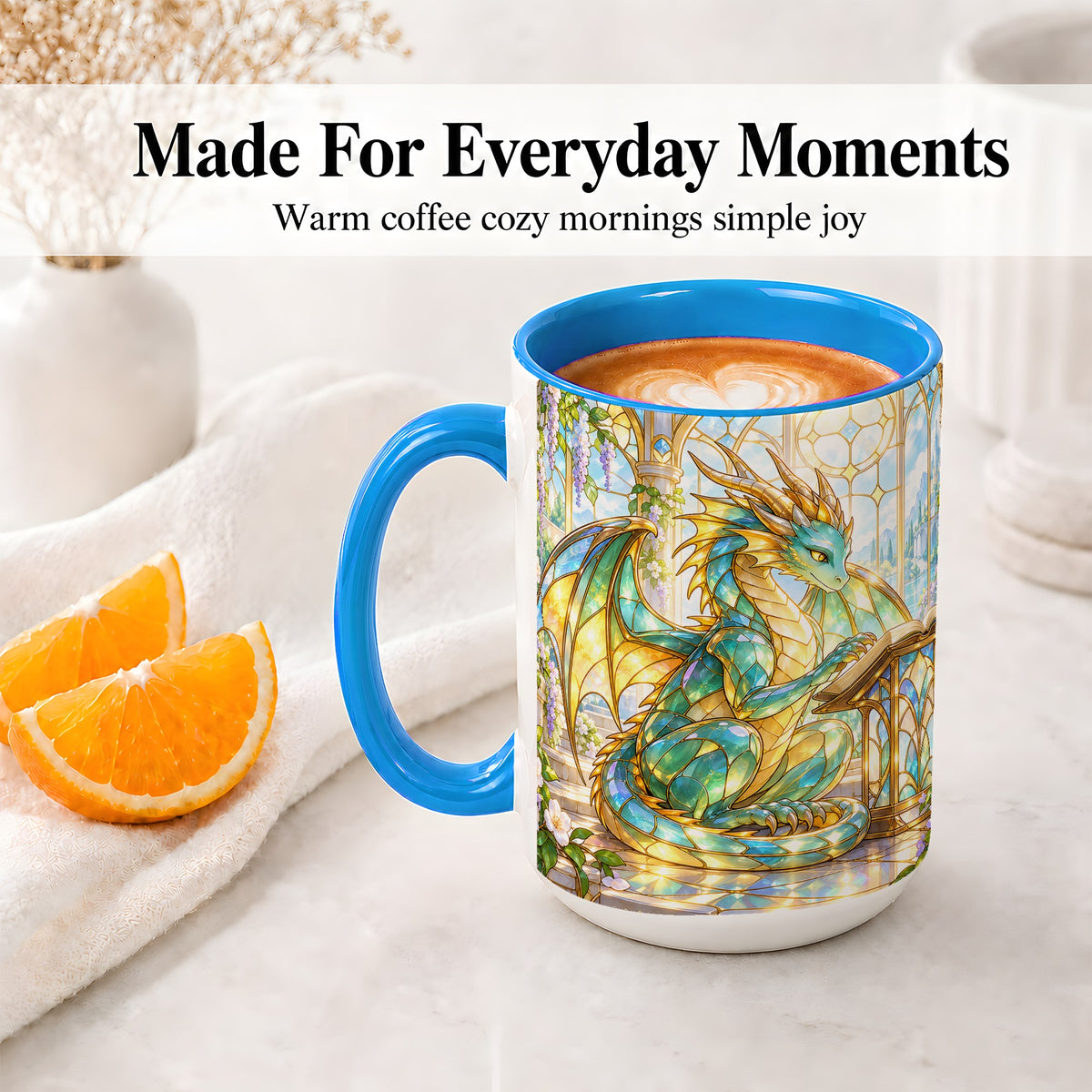 #pl[15oz|Blue] Stained Glass Style Dragon Accent Mug, Ceramic Mug for Fantasy Fans