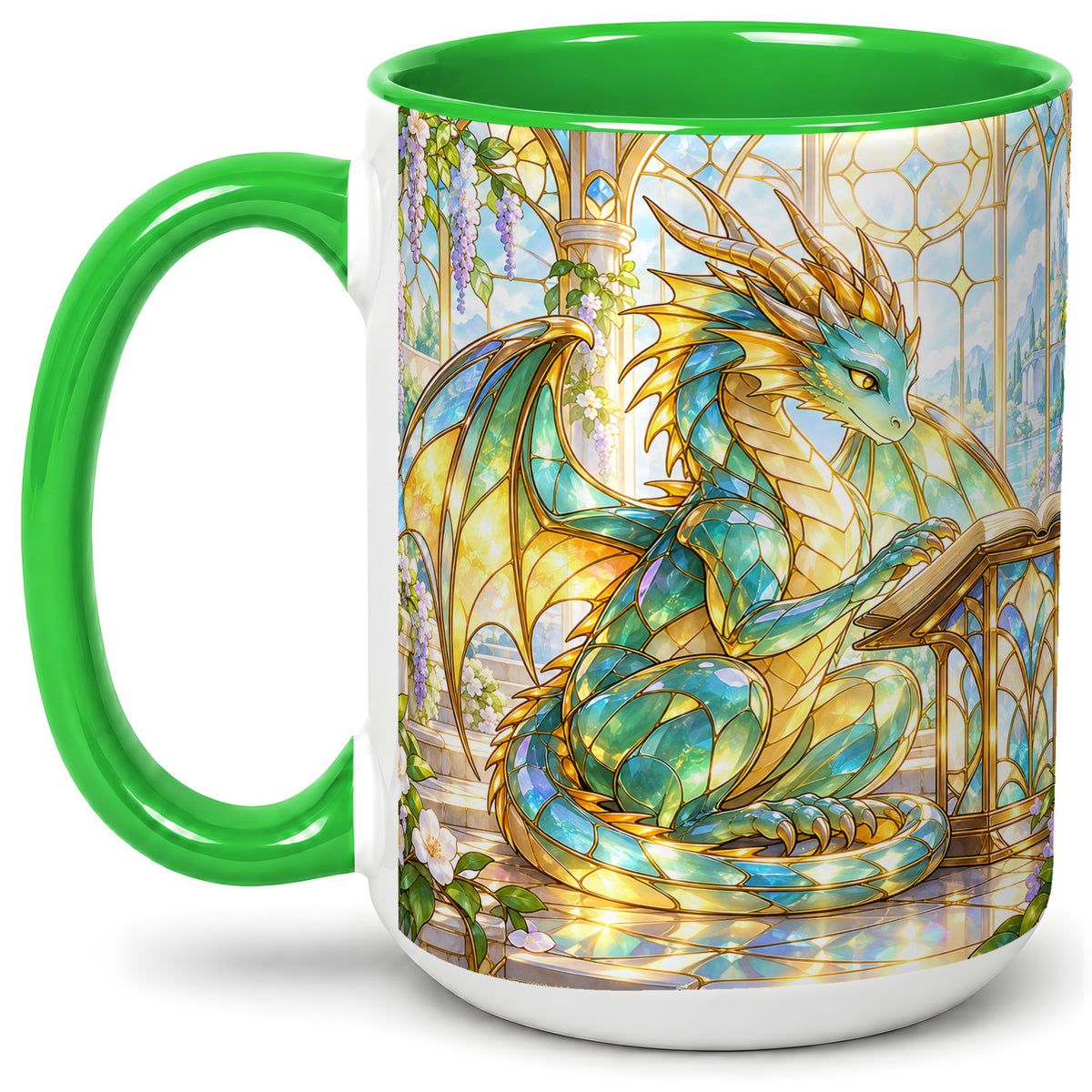 #pl[15oz|Green] Stained Glass Style Dragon Accent Mug, Ceramic Mug for Fantasy Fans