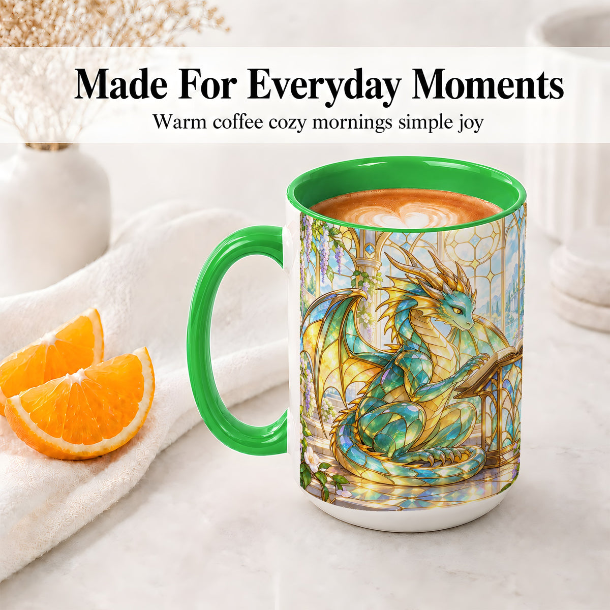 #pl[15oz|Green] Stained Glass Style Dragon Accent Mug, Ceramic Mug for Fantasy Fans