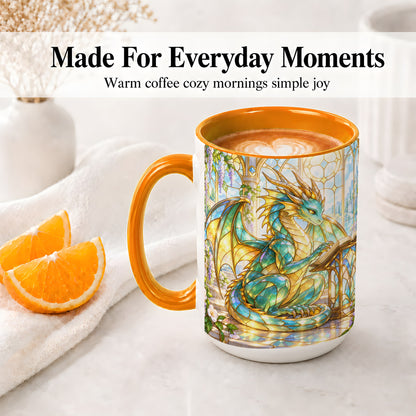 #pl[15oz|Orange] Stained Glass Style Dragon Accent Mug, Ceramic Mug for Fantasy Fans