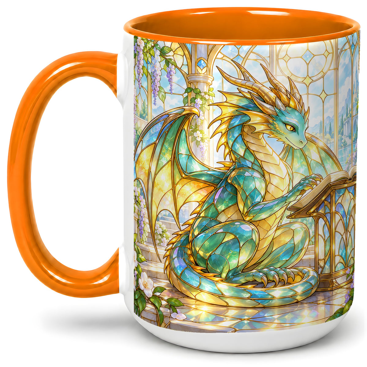 #pl[15oz|Orange] Stained Glass Style Dragon Accent Mug, Ceramic Mug for Fantasy Fans