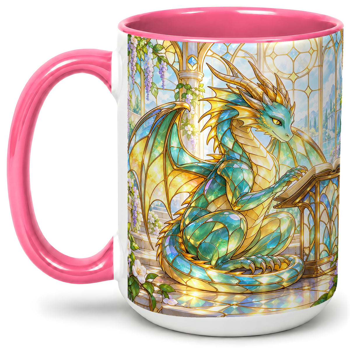 #pl[15oz|Pink] Stained Glass Style Dragon Accent Mug, Ceramic Mug for Fantasy Fans