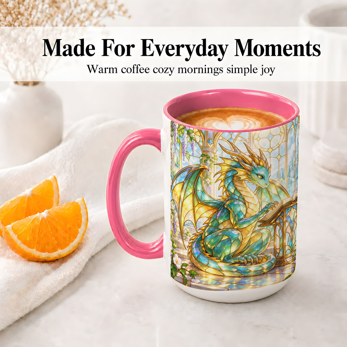 #pl[15oz|Pink] Stained Glass Style Dragon Accent Mug, Ceramic Mug for Fantasy Fans