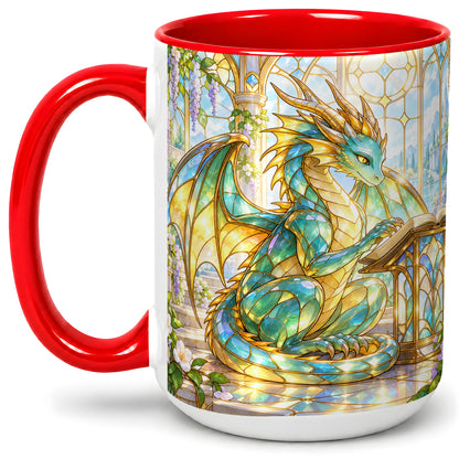 #pl[15oz|Red] Stained Glass Style Dragon Accent Mug, Ceramic Mug for Fantasy Fans