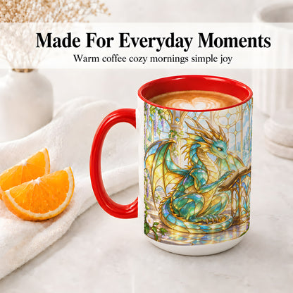 #pl[15oz|Red] Stained Glass Style Dragon Accent Mug, Ceramic Mug for Fantasy Fans