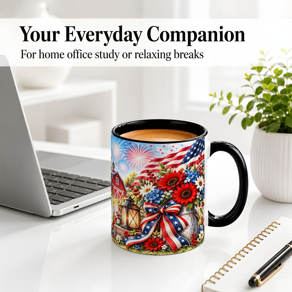 #pl[11oz|Black] Patriotic Floral Accent Mug, Ceramic Mug with Americana Artwork