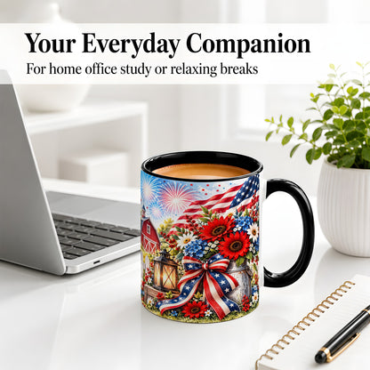 #pl[11oz|Black] Patriotic Floral Accent Mug, Ceramic Mug with Americana Artwork