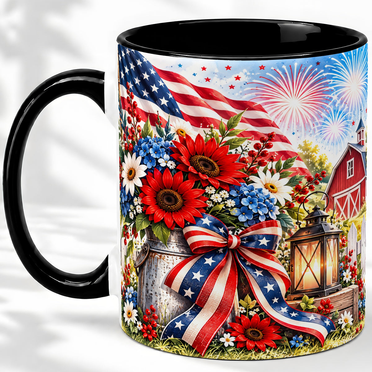 #pl[11oz|Black] Patriotic Floral Accent Mug, Ceramic Mug with Americana Artwork